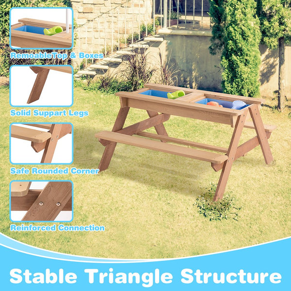 English Elm 3-in-1 Kids Cedar Outdoor Picnic Sand Water Play Table with Shading Umbrella W1390P160713
