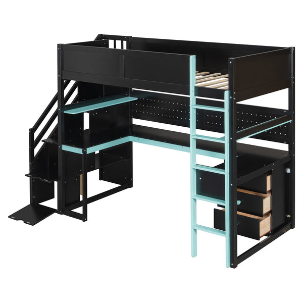 English Elm Full Size Gaming Loft Bed with Led Lighting Desk Shelves and Usb Charging Ports N820S00070C