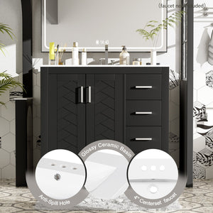 English Elm 36'' Bathroom Vanity with Ceramic Sink Combo Solid Wood Frame Soft-Closing Drawers Ample Storage Elegance Black N710P243327B