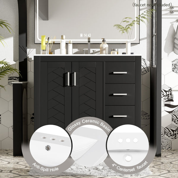 English Elm 36'' Bathroom Vanity with Ceramic Sink Combo Solid Wood Frame Soft-Closing Drawers Ample Storage Elegance Black N710P243327B
