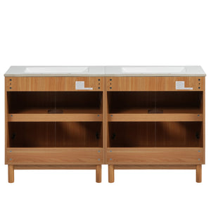 English Elm Modern 48 Inch Freestanding Bathroom Vanity Dual Ceramic Sinks Soft Close Gold Handles N729P000012O