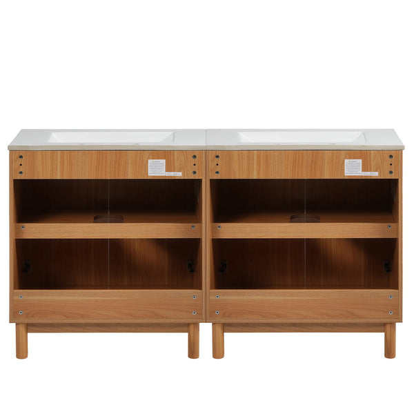 English Elm Modern 48 Inch Freestanding Bathroom Vanity Dual Ceramic Sinks Soft Close Gold Handles N729P000012O