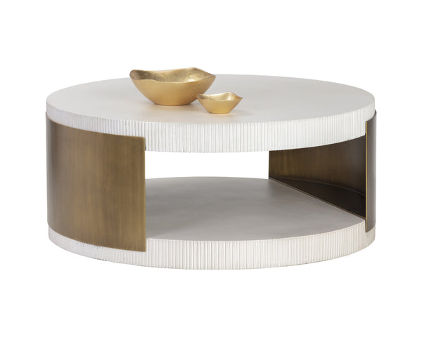 Sunpan Cavette Coffee Table - Elegant White Concrete & Brass Frame Design for Indoor & Outdoor Spaces