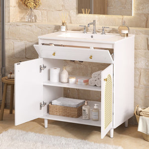 English Elm 30" Rattan Front Bathroom Vanity Solid Pine Cabinet with Ceramic Sink and Adjustable Shelf White N710P293988K