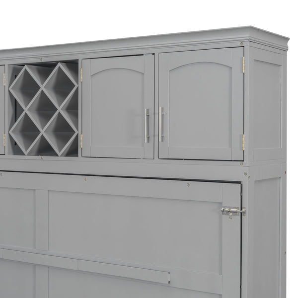 English Elm Queen Murphy Wall Bed with Storage Cabinets and Wine Rack for Small Space Living Gray LP000879AAE-1