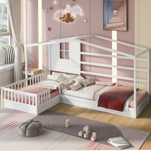 English Elm Wood House Twin L-shaped Kids Bed Solid Pine Playhouse Frame with Slatted Support LP001345AAK