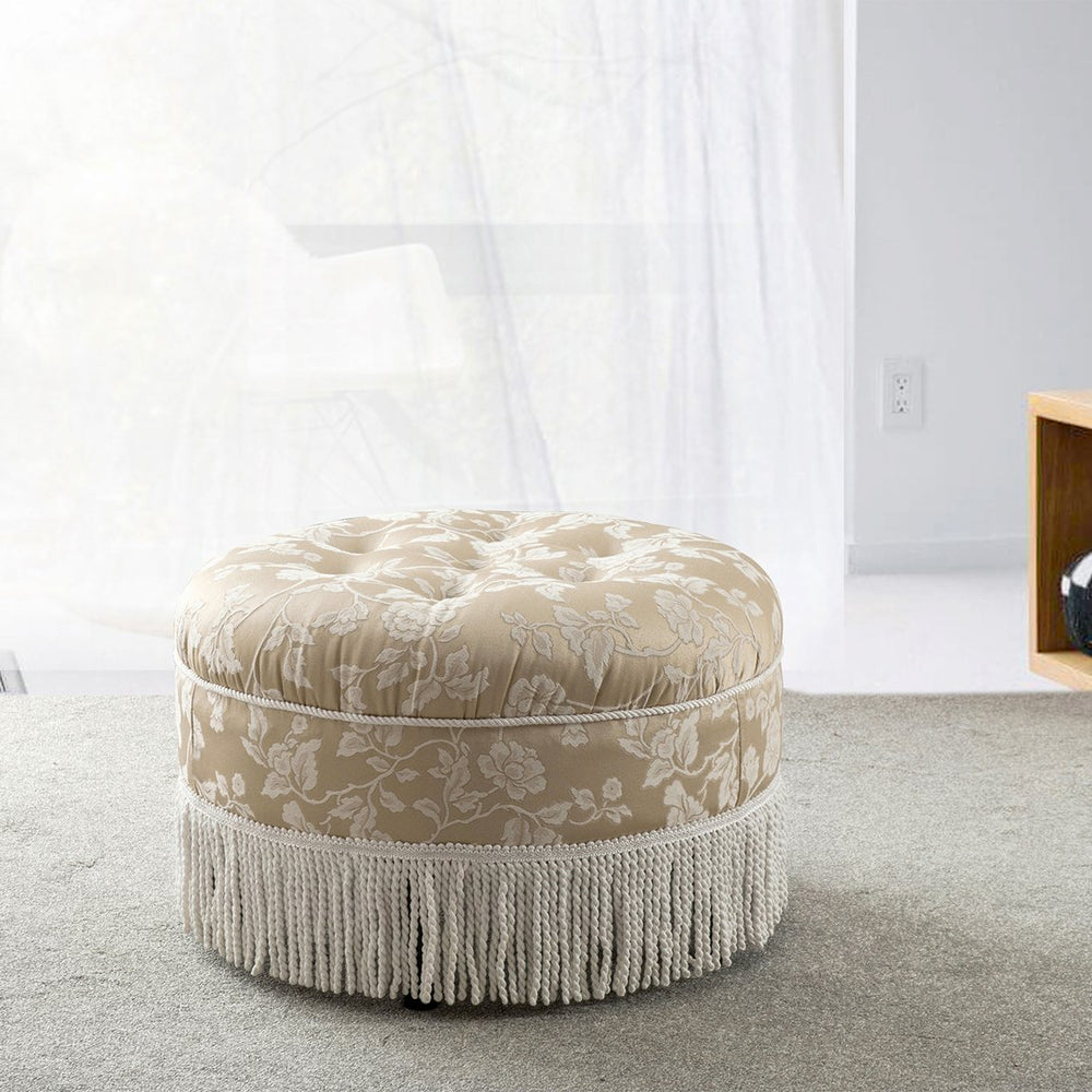 English Elm Jennifer Taylor Home - Yolanda 24" Round Upholstered Ottoman - Vintage Floral Jacquard With Ivory Trim For Versatile Elegance B2719P238158