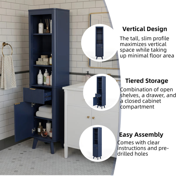 English Elm 68" Tall Fluted Freestanding Storage Cabinet with Drawer and Adjustable Shelf for Bathroom Blue N817P375218B