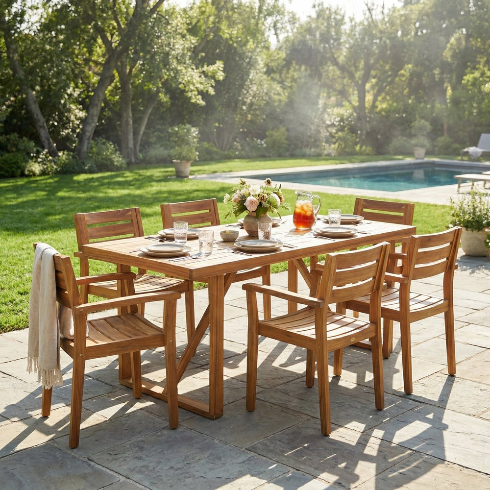 English Elm 7 Piece Solid Acacia Wood Outdoor Dining Set Teak Finish Patio Table Six Chairs N762S000034AAA