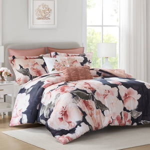 English Elm 7-piece Queen Comforter Set Cotton Print Bedding with Euro Shams and Embroidered Pillows Blush Multi B035P482946