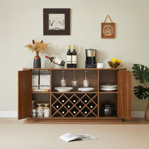 English Elm 58" Wavy Curved Sideboard with Wine Rack Glassware Holder and Adjustable Shelves Walnut W1162P386373