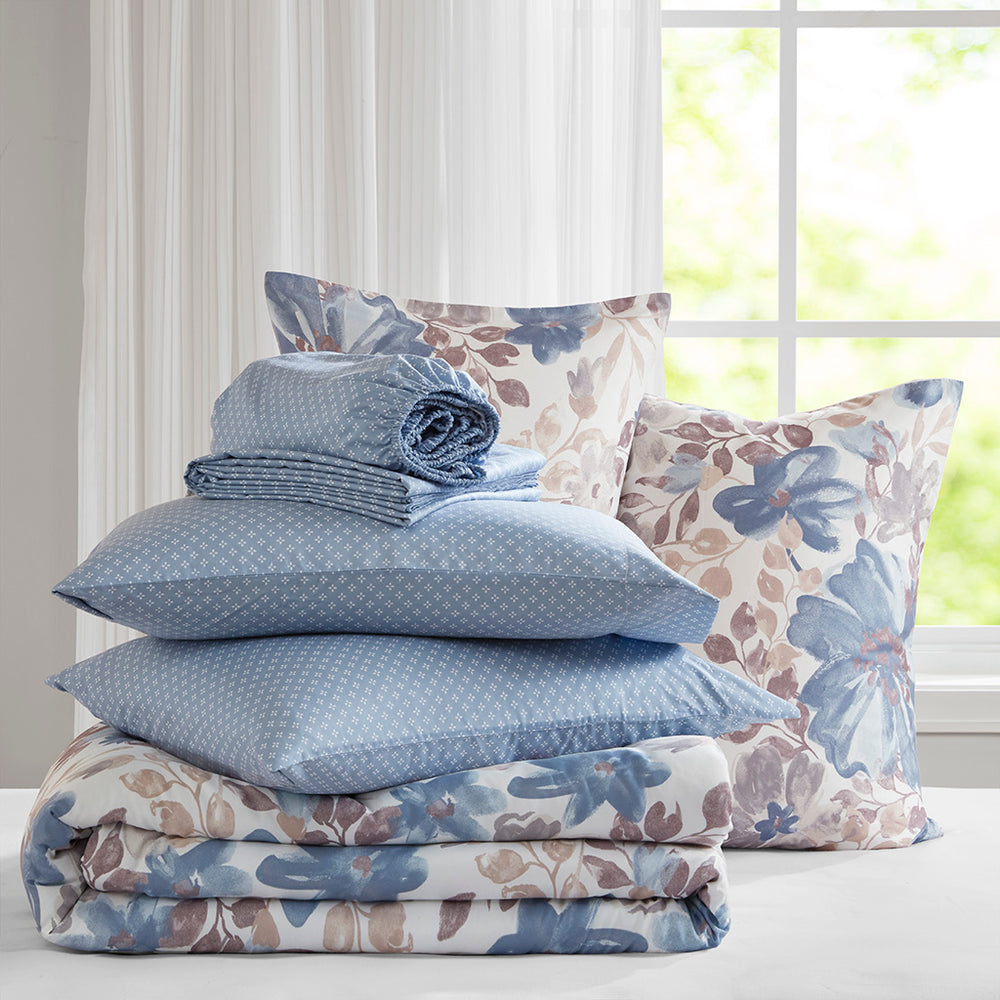 JLA Home Madison Park Essentials - Floral Watercolor Comforter Set with Coordinating Blue Diamond Sheets, Soft Machine-Washable Luxury MPE10-1061