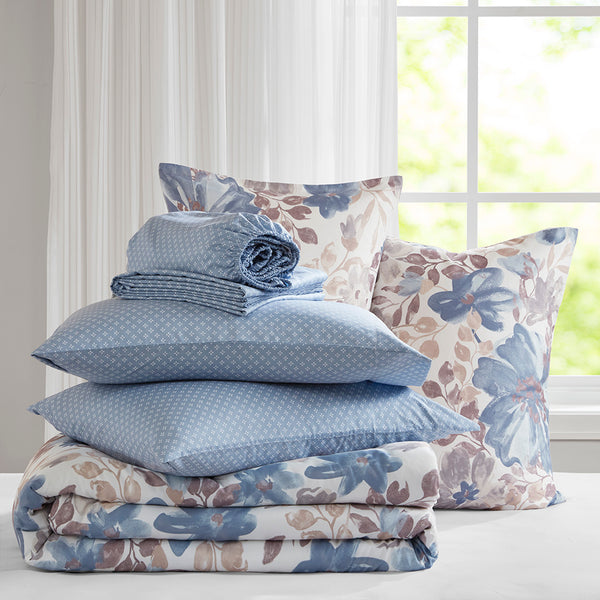 JLA Home Madison Park Essentials - Floral Watercolor Comforter Set with Lilac Diamond Sheets, Soft Cozy All-in-One Bedding Collection Blue MPE10-1059