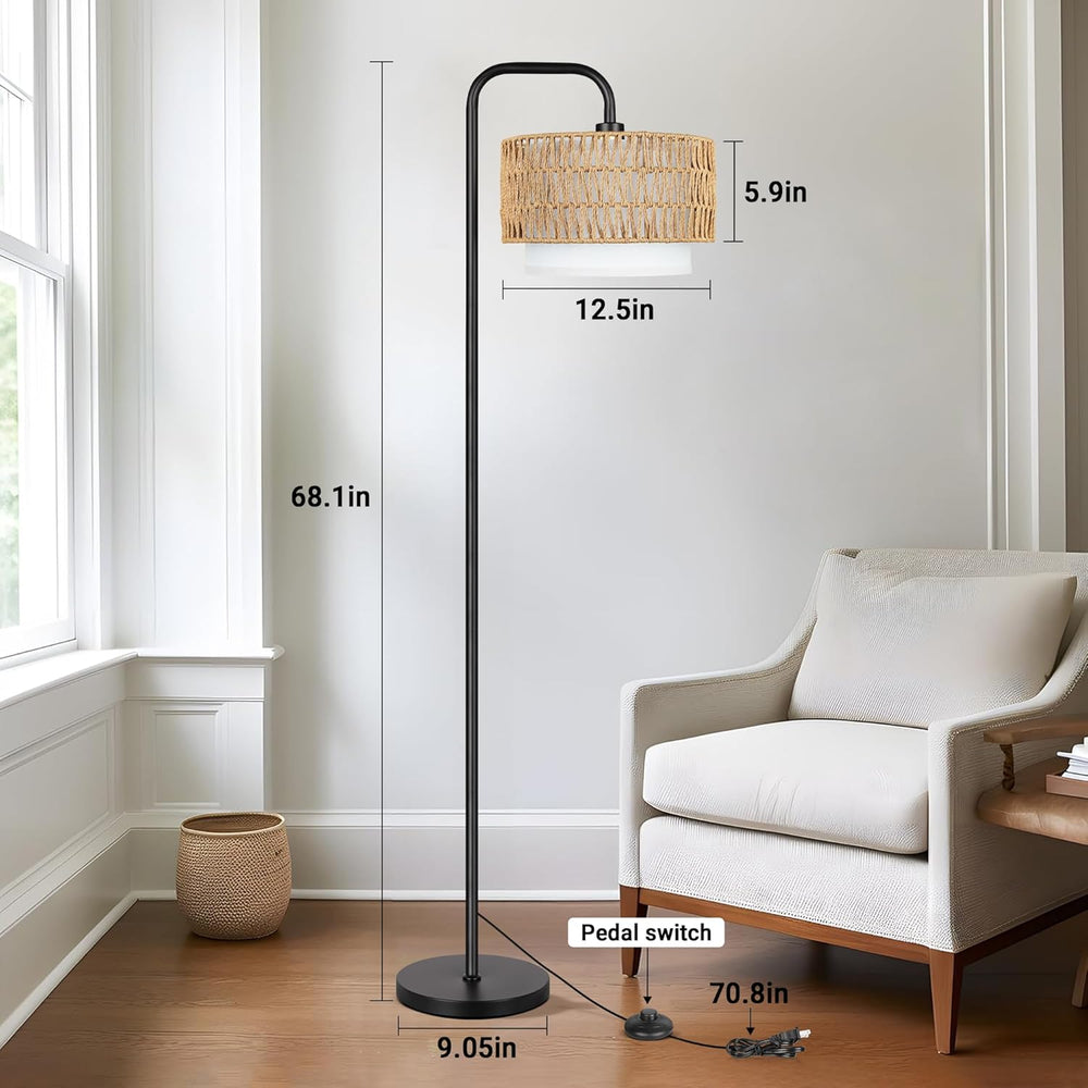 English Elm 68''Floor Boho Farmhouse Lamp with Remote & Pedal, 3Temp Dimmable LED, Rattan + Linen Shades, Black W3355P391496