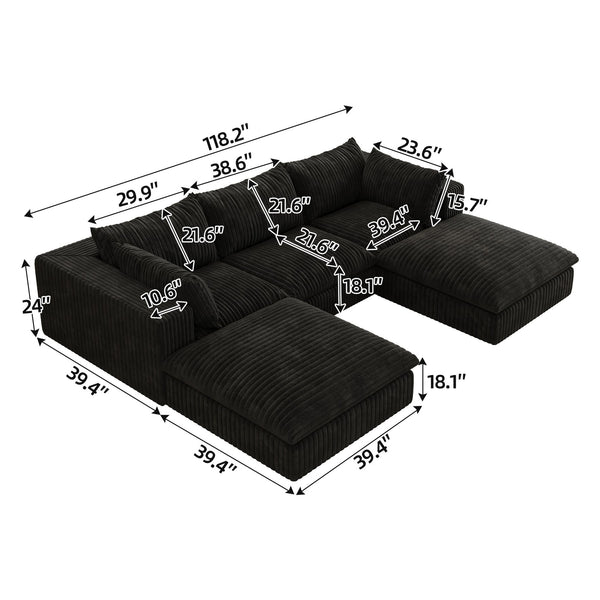 English Elm 118.2" Modular Cloud Sofa Corduroy Upholstered Deep Seat Lounge for Living Room Black W2824S00182