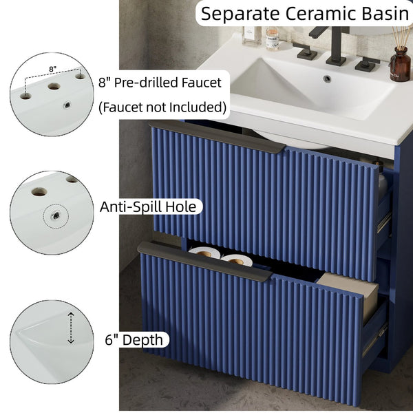 English Elm Christopher Knight Home® - 30" Freestanding Bathroom Vanity With Ceramic Sink, Soft-Close Drawers & Elegant Fluted Design In Blue N817P288915B
