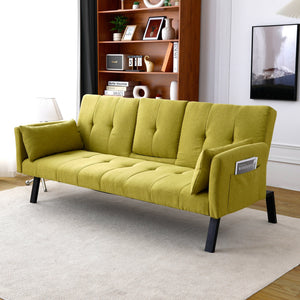 English Elm 70-inch Foldable Cotton Linen Sofa Bed with Cup Holder & Side Storage, Space-Saving 2-Seater Design Green W3371P337200