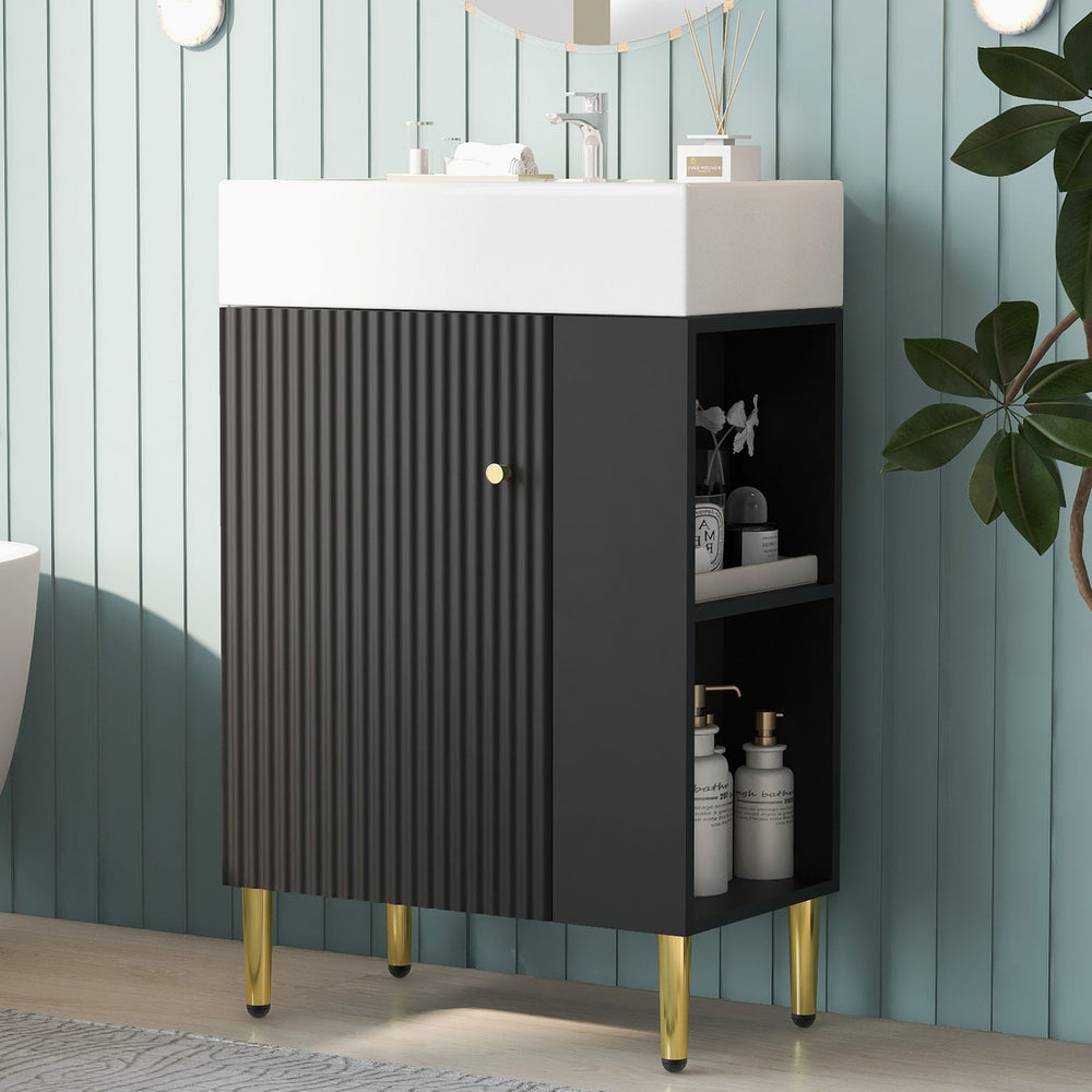 English Elm 21.6" Black Modern Bathroom Vanity with Ceramic Sink, Right Side Storage, Gold Legs & Soft-Close Doors SV000006AAB