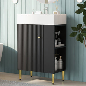 English Elm 21.6" Black Modern Bathroom Vanity with Ceramic Sink, Right Side Storage, Gold Legs & Soft-Close Doors SV000006AAB