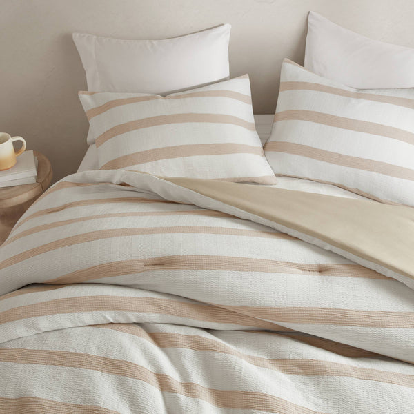 English Elm 3-piece Yarn-dyed Woven Stripe Comforter Set with Seersucker Texture for Full Queen Beds Taupe B035P463216