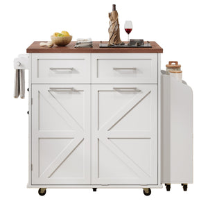 English Elm K&K 47.2" Farmhouse Kitchen Island with Drop Leaf, Removable Side Shelf, Trash Cabinet, Wheels White N707P307296W