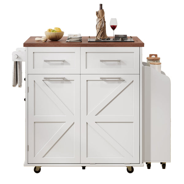 English Elm K&K 47.2" Farmhouse Kitchen Island with Drop Leaf, Removable Side Shelf, Trash Cabinet, Wheels White N707P307296W