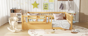 English Elm Queen Low Profile Kids Floor Bed with Guardrails Bookshelf and Pine Wood Frame Natural W1580P373143