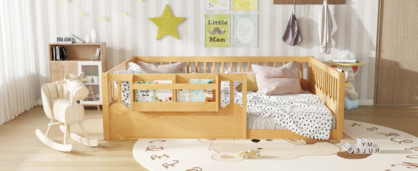 English Elm Queen Low Profile Kids Floor Bed with Guardrails Bookshelf and Pine Wood Frame Natural W1580P373143