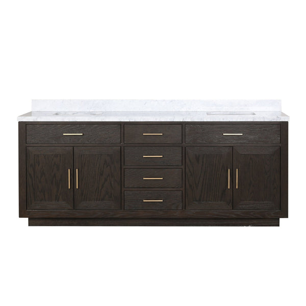 English Elm Brown Oak Double Bath Vanity With Luxurious Carrara Marble Top – Ample Storage & Easy Assembly! B2731P257847