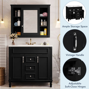 English Elm 36'' Bathroom Vanity with Sink and Mirror Cabinet, Modern MDF & Solid Wood Design, Ceramic Top, Soft-Close Doors Black SW000115AAB-1