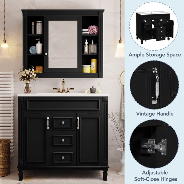 English Elm 36'' Bathroom Vanity with Sink and Mirror Cabinet, Modern MDF & Solid Wood Design, Ceramic Top, Soft-Close Doors Black SW000115AAB-1