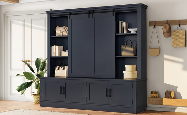English Elm The Industrial Barn Door Entryway Cabinet with Sliding Rails and 12 Storage Compartments Blue W1580S00272