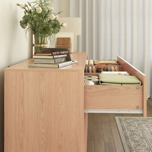 English Elm 9 Drawer Matte Wood Dresser with Wave Front Mid Century Modern Low Profile Storage Natural W409P387580