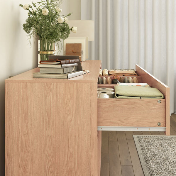 English Elm 9 Drawer Matte Wood Dresser with Wave Front Mid Century Modern Low Profile Storage Natural W409P387580