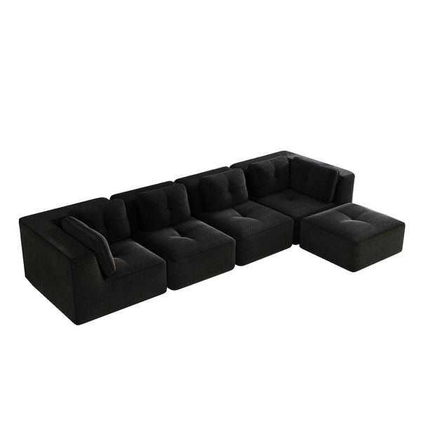 English Elm Modern Corduroy Sectional Sofa with Movable Ottoman Deep Seat Tufted Living Room Couch Black W714S01793