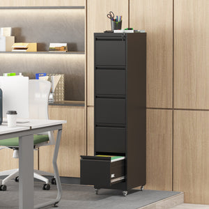 English Elm 5 Drawer Vertical File Cabinet on Wheels with Lock, Heavy-Duty Steel, Anti-Tilt Mobile Storage for A4/Letter/Legal Files Black T2398P310087