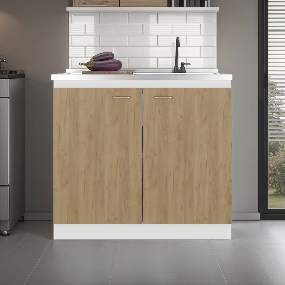 English Elm Utility Sink Base Cabinet with Two Doors Shelved Storage White Oak Laundry Room B097S00260