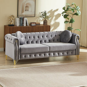 English Elm 82-inch Velvet Chesterfield Sofa Tufted Button Back with Copper Studs and Gold Metal Legs Grey W834S00618