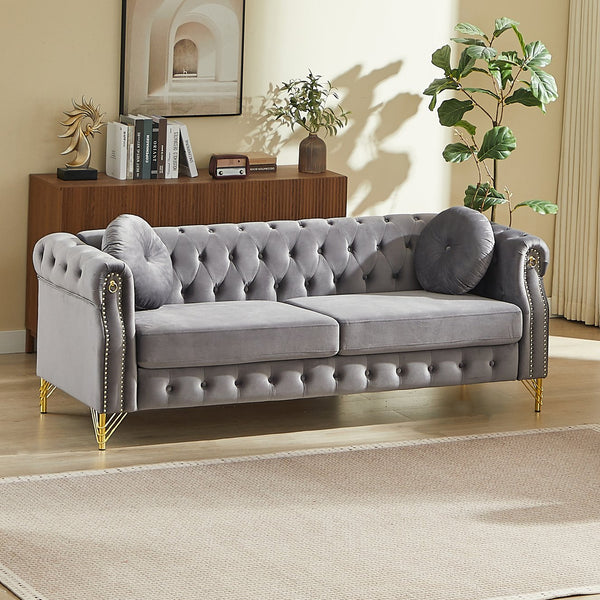 English Elm 82-inch Velvet Chesterfield Sofa Tufted Button Back with Copper Studs and Gold Metal Legs Grey W834S00618
