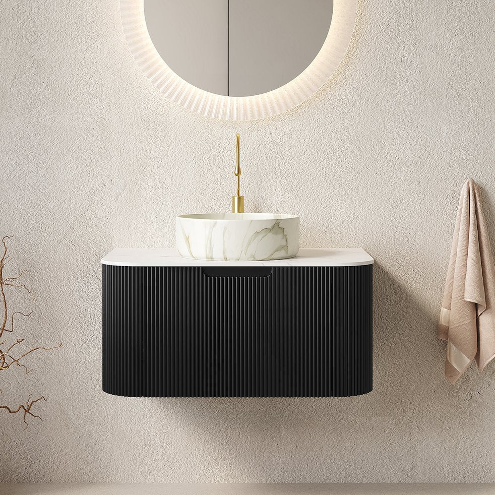 English Elm Muri Floating Bathroom Vanity Plywood Cabinet Sintered Stone Top Oak Drawer Black,Carrara White,Stone White W2615S00398