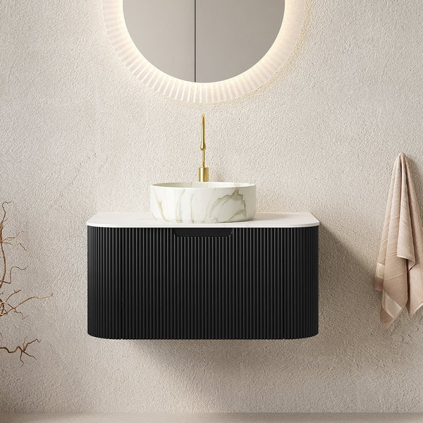 English Elm Muri Floating Bathroom Vanity Plywood Cabinet Sintered Stone Top Oak Drawer Black,Carrara White,Stone White W2615S00398