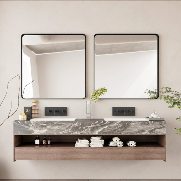 English Elm Wall Mirror 36X36 Inch Square Metal Framed Design For Stylish Bathroom, Bedroom, And Living Decor W1435P241579-GIGA