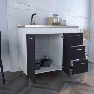 English Elm Base Double Door Cabinet with Three Drawers, Faucet Hole, Engineered Wood, White & Black Finish B097S00136