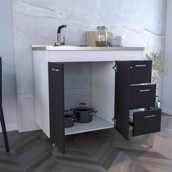 English Elm Base Double Door Cabinet with Three Drawers, Faucet Hole, Engineered Wood, White & Black Finish B097S00136
