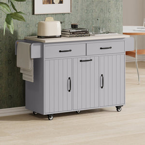English Elm K&K Kitchen Island with Tilt-Out Trash Can, Drop Leaf Counter, Adjustable Shelf, Rolling Cart Grey WF326381AAG