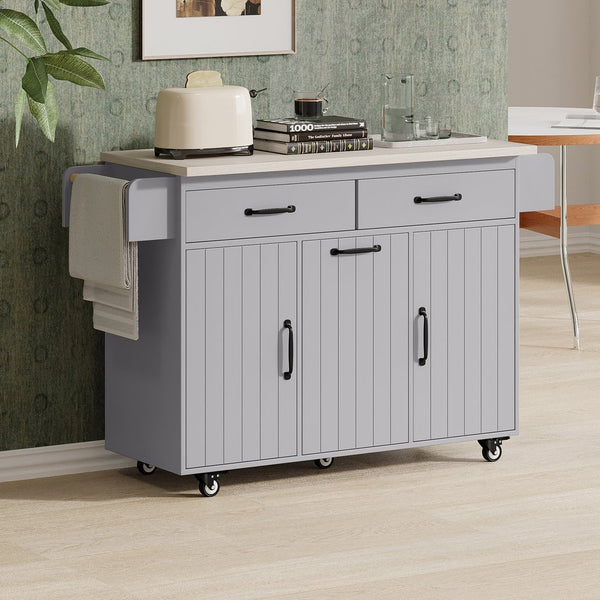 English Elm K&K Kitchen Island with Tilt-Out Trash Can, Drop Leaf Counter, Adjustable Shelf, Rolling Cart Grey WF326381AAG
