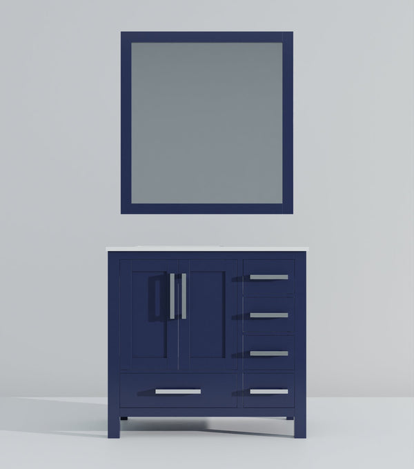 English Elm Navy Blue Bath Vanity With Left Offset Quartz Top, Stylish Mirror & Ample Storage Solutions Included B2731S00693