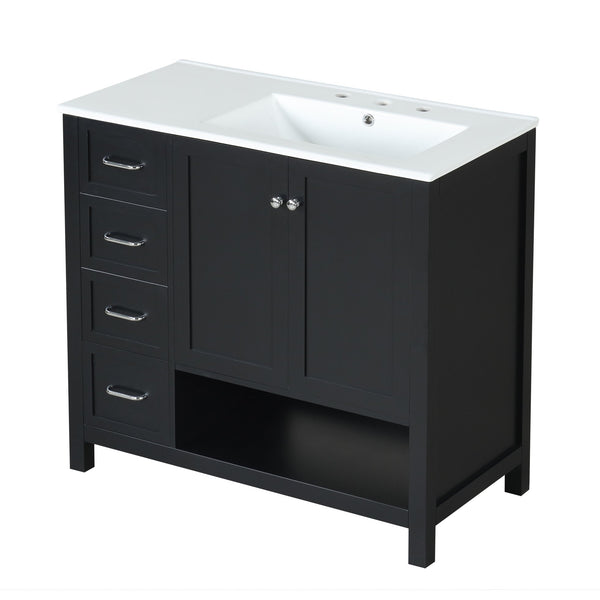 English Elm 36" Freestanding Bathroom Vanity Solid Wood Mdf Cabinet Ceramic Undermount Sink Open Shelf Black N725P364203B