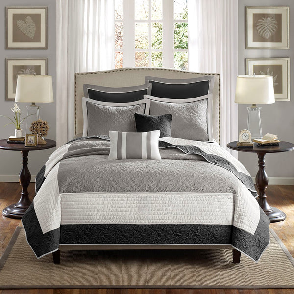 English Elm 7 Piece Attingham Reversible Quilt Set Full/Queen in Neutral Black Ivory Grey with Euro Shams Black 22.64 L x 17.91 W x 10.63 H B03597421