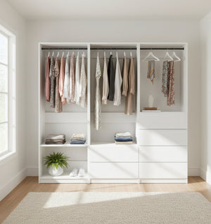 English Elm Prosper White Freestanding Walk-In Wood Closet System with Oak Finish, Modular Storage, Easy Assembly, Durable Construction B040S00140
